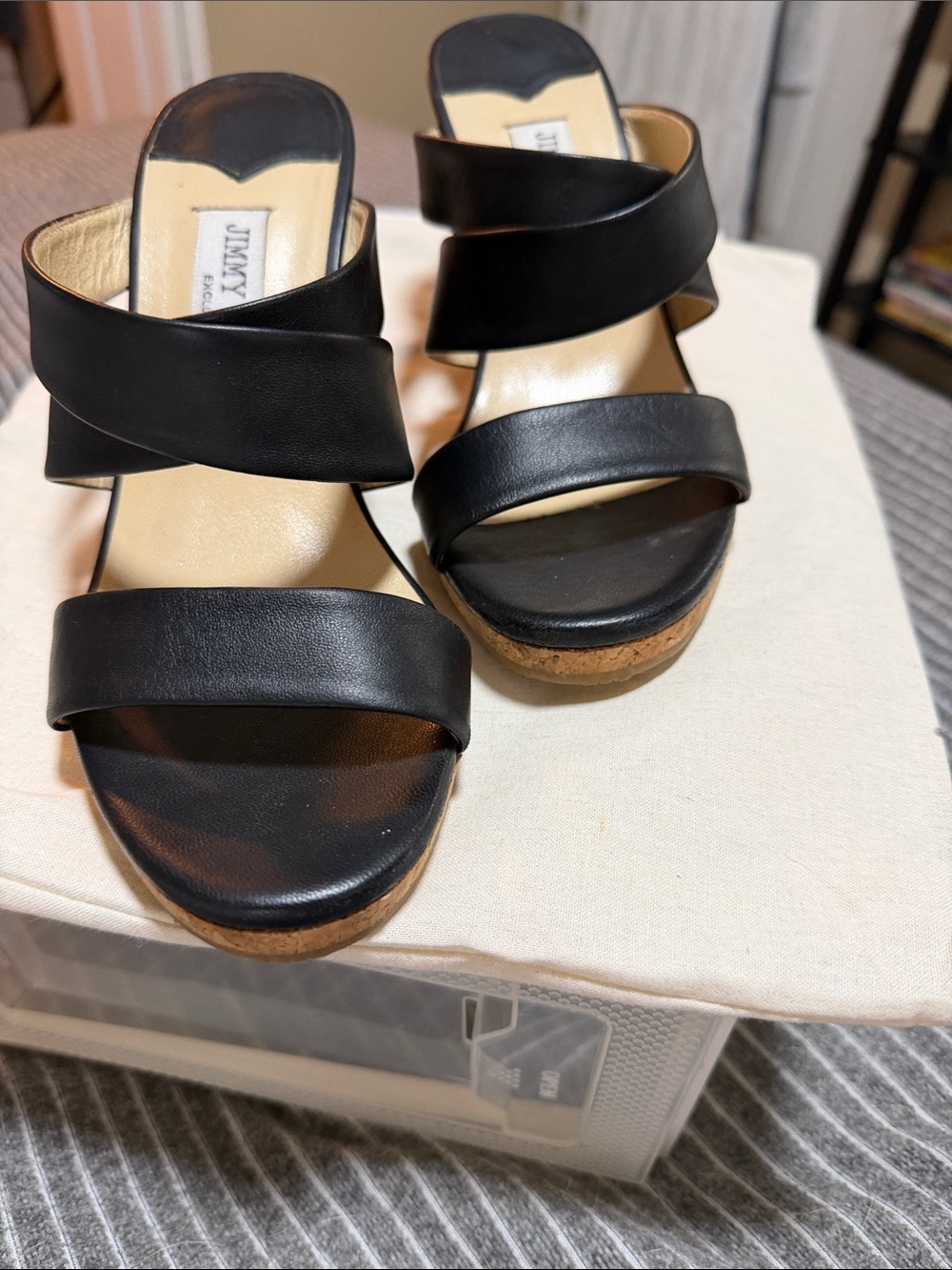 Jimmy Choo Black Leather Cork Wedge Sandals ( runs small)